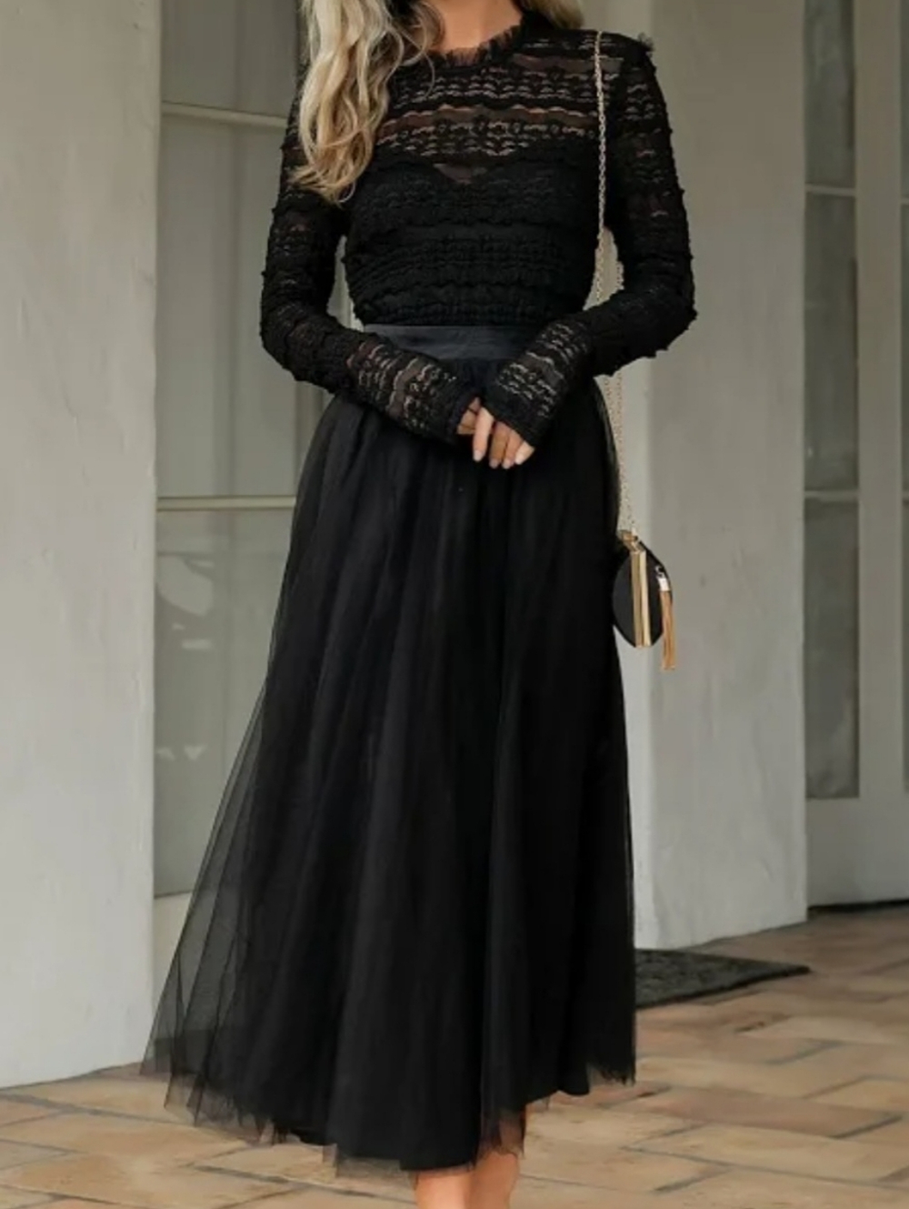 NWT Baltic Born Long-sleeved Black Maxi Dress Size M Lonnie Tulle